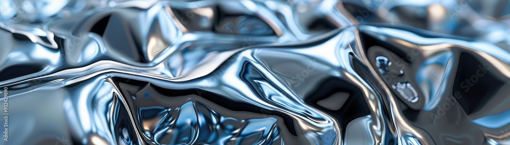 Fototapeta premium Close-up of crumpled metallic surface reflecting light, showcasing a dynamic interplay of texture and shine in abstract design.