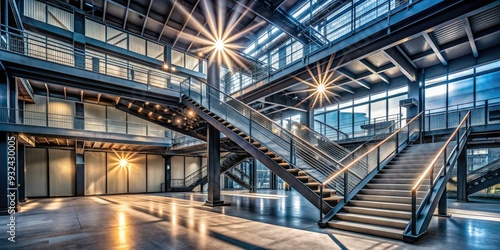 Modern industrial architecture featuring a stark metal framework with rugged rivets, juxtaposed with a sleek staircase, illuminated by dramatic light beams filtering through.