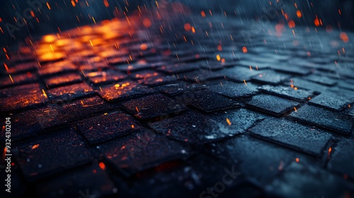 Hailstones scattered across a rooftop with indented shingles, captured in a dramatic 3D render with vibrant colors and high contrast, emphasizing the destructive force of nature photo