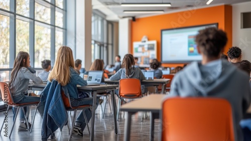 A classroom with students sitting at tables and chairs