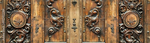 Intricate wooden door design featuring ornate carvings and an antique finish, showcasing craftsmanship and historical elegance.