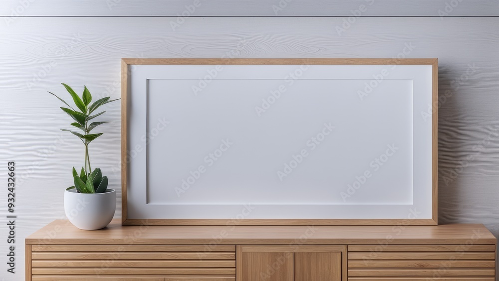 Mockup of white wall wooden frame picture frame mounted on wooden cabinet Mockup of white wall wooden frame picture frame mounted on wooden cabinet