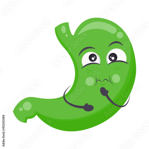 Green human stomach cartoon character icon sick with nausea, bile, and acid reflux syndrome