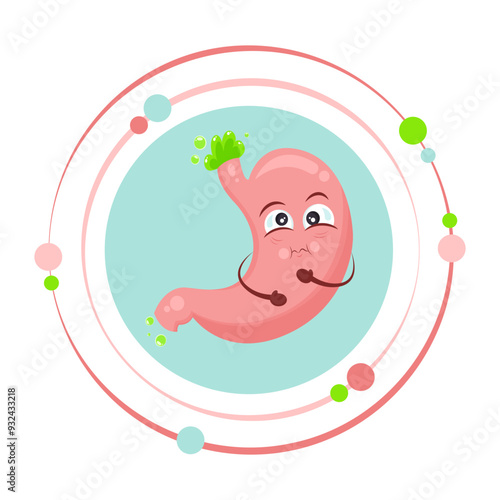 Isolated human stomach cartoon character icon sick with nausea, bile, and acid reflux