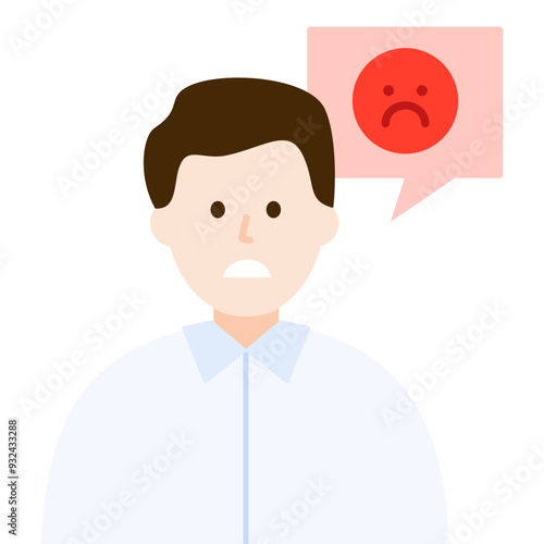 Angry man character with sad emoji face speech bubble. Problem, solution, opinion, idea, option, choice concept. Flat character vector design isolated illustration.