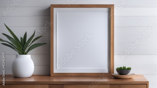Mockup of white wall wooden frame picture frame mounted on wooden cabinet