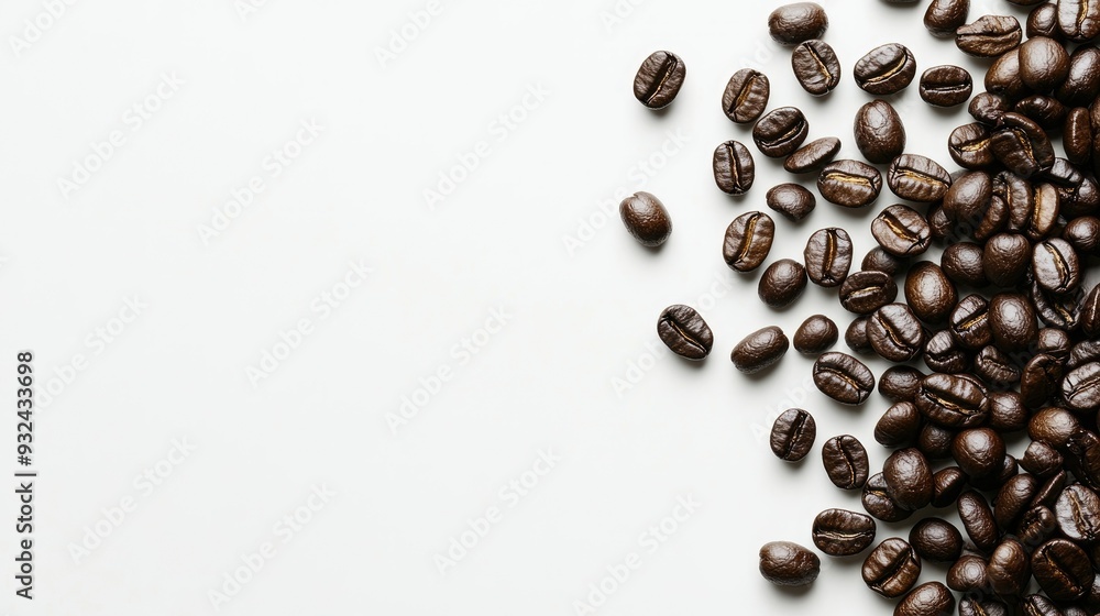 Black coffee beans scattered on a white background, rich and aromatic, the essence of morning Black coffee beans scattered on a white background, rich and aromatic, the essence of morning
