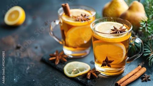 Two Cups of Aromatic Spiced Tea with Lemon and Star Anise