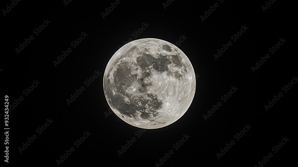 Naklejka premium Black night sky with a bright full moon, tranquil and serene, nature's nightlight