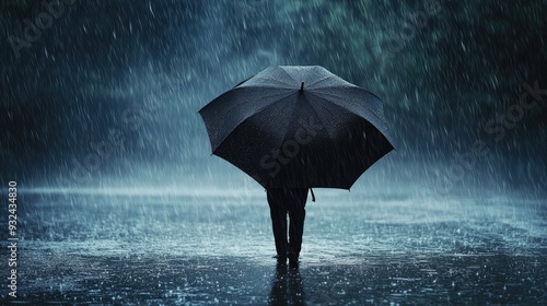 Black umbrella in the rain, solitary and resilient, standing out in a storm photo