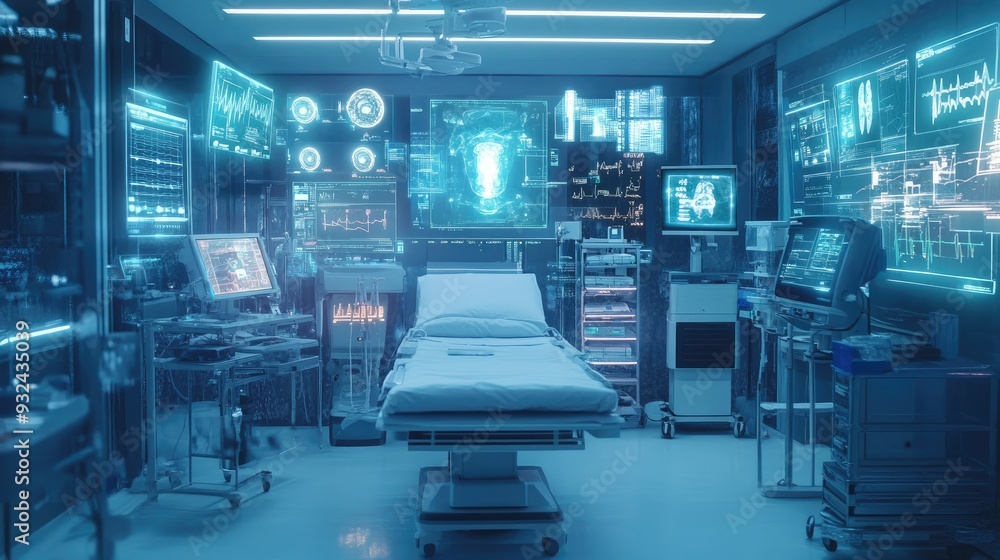 Futuristic medical lab with holographic displays and equipment Futuristic medical lab with holographic displays and equipment