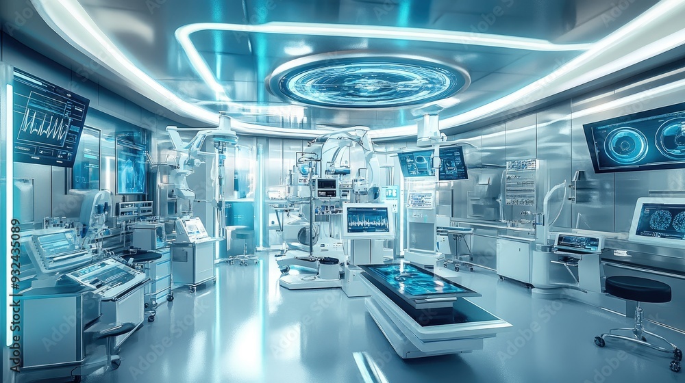 Fototapeta premium Futuristic medical lab with holographic displays and equipment