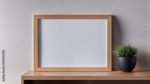 Mockup of white wall wooden frame picture frame mounted on wooden cabinet