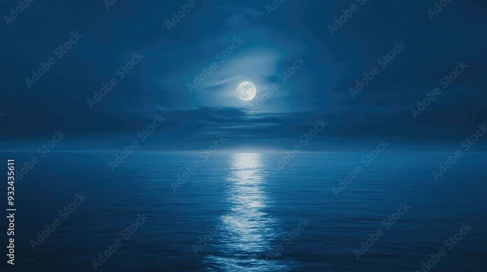 Naklejka premium Blue moon rising over a calm ocean, mystical and serene night scene, tranquil water
