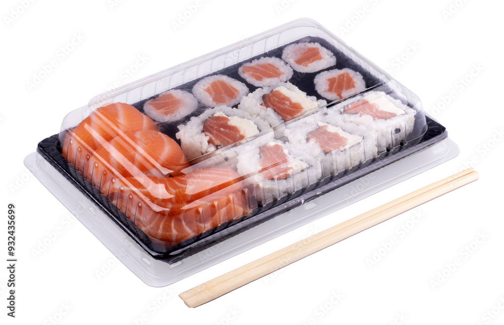Sushi delivery tray with transparent plastic lid with only angled sashimi room with chopsticks Sushi delivery tray with transparent plastic lid with only angled sashimi room with chopsticks