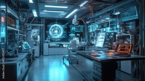 Futuristic medical lab with holographic displays and equipment