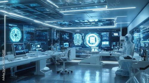 Futuristic medical lab with holographic displays and equipment