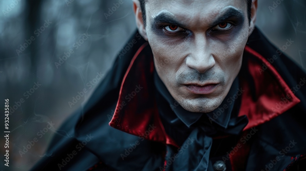 A man dressed as Dracula stares intensely, surrounded by a gloomy forest atmosphere during the evening A man dressed as Dracula stares intensely, surrounded by a gloomy forest atmosphere during the evening
