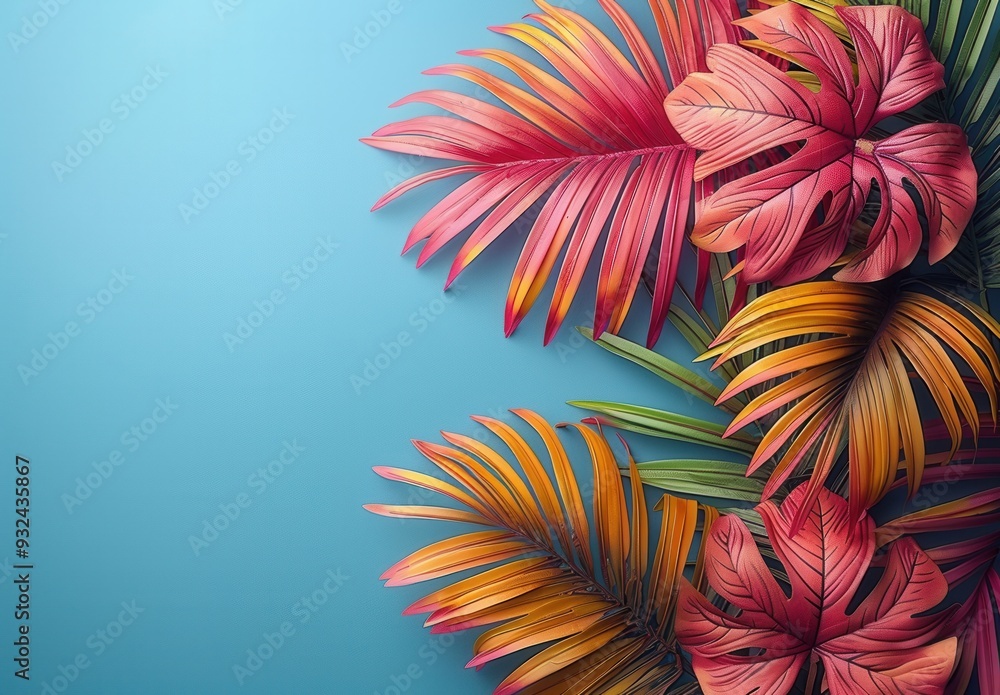 Tropical Leaf Arrangement on a Blue Background