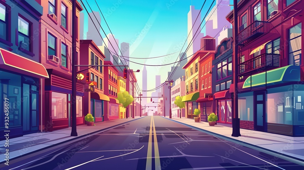 A vibrant city street scene with colorful buildings and clear skies. A vibrant city street scene with colorful buildings and clear skies.
