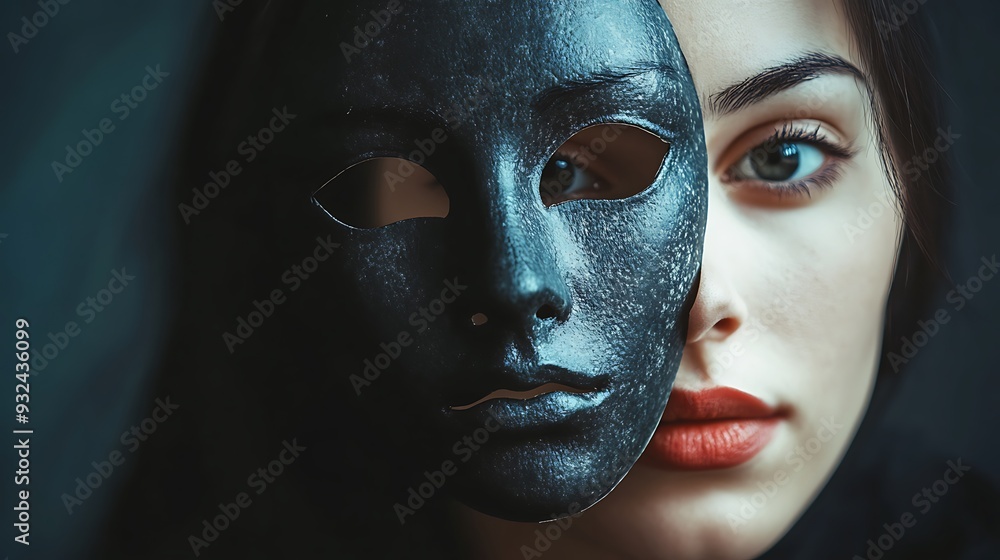 A young woman with half her face covered by a black mask, looking directly at the camera. A young woman with half her face covered by a black mask, looking directly at the camera.