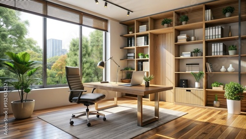 Wallpaper Mural Modern minimalist office interior with sleek wooden desk, ergonomic chair, and organized shelves, illuminated by soft natural light pouring through large windows. Torontodigital.ca