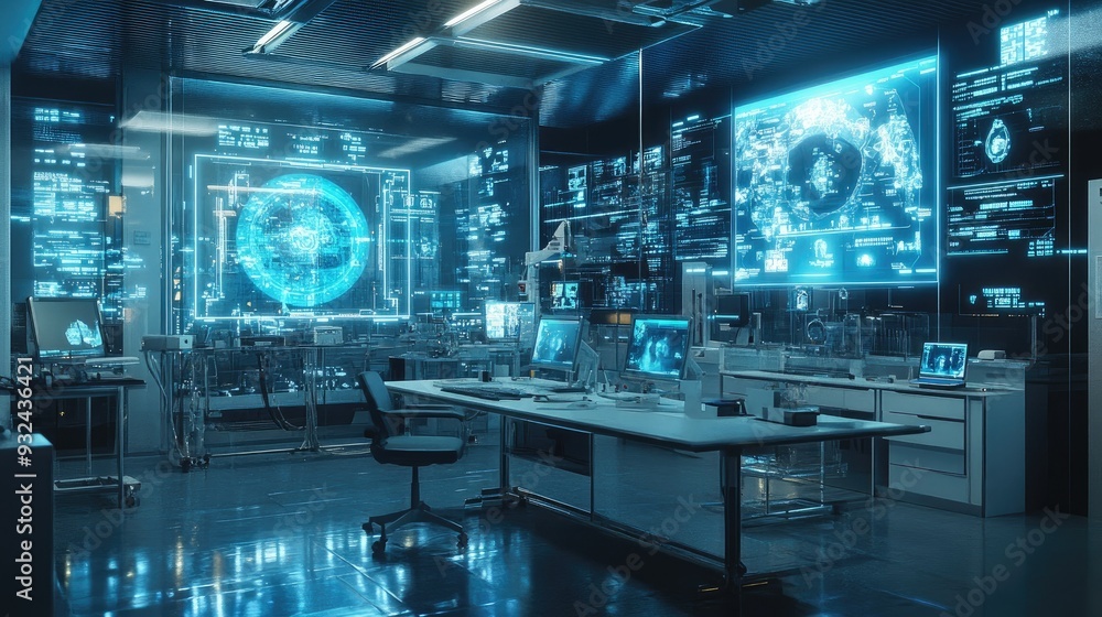 Futuristic medical lab with holographic displays and equipment Futuristic medical lab with holographic displays and equipment