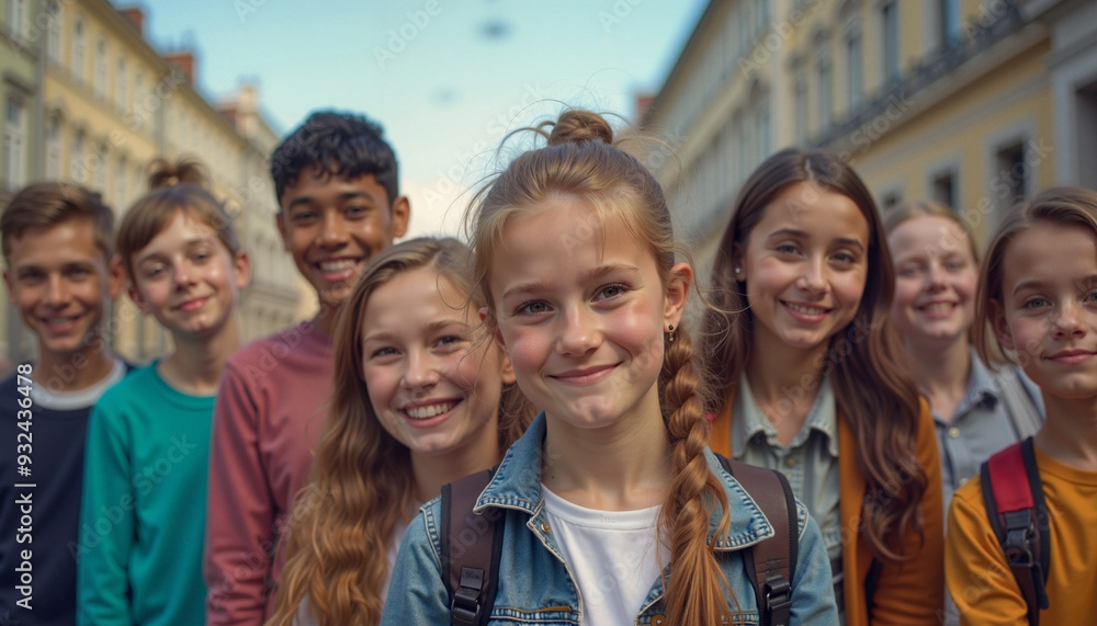 Fototapeta premium Diverse group of cheerful children smiling together against European street background