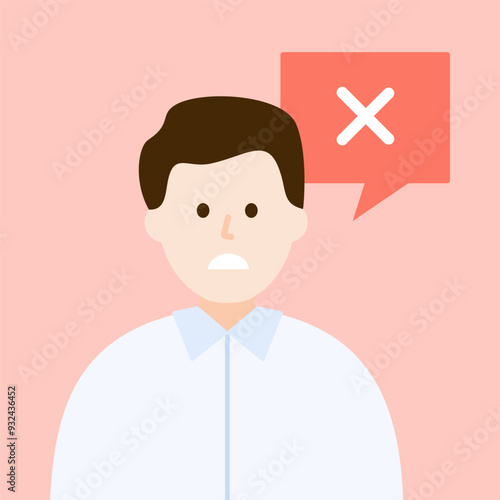Man saying no. Male character rejected with cross mark speech bubble. Problem, solution, opinion, idea, option, choice concept. Flat character vector design isolated illustration.