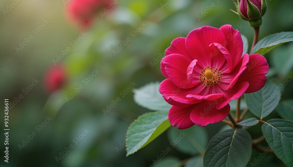 Vibrant Red Rose in Full Bloom Against Blurred Green Garden Background Vibrant Red Rose in Full Bloom Against Blurred Green Garden Background
