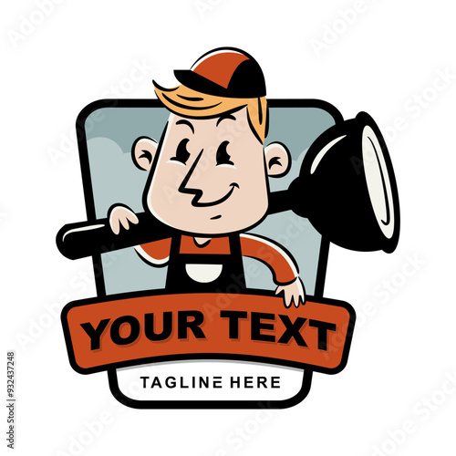 Cartoon plumber mascot logo holding plunger with customizable text.