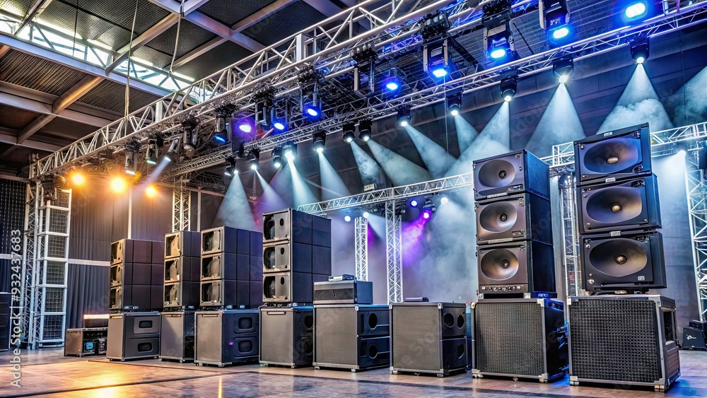 Modern professional sound reinforcement system with speakers, subwoofers, and audio equipment set up on stage for live concert or event in a large venue.