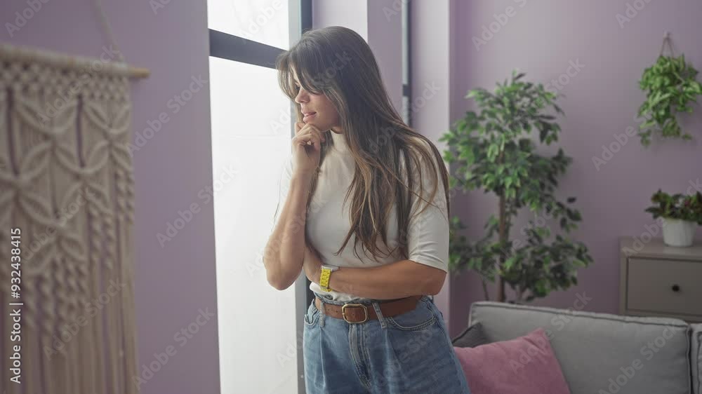 Pensive young woman standing indoors near a window in a stylish modern apartment. Pensive young woman standing indoors near a window in a stylish modern apartment.