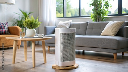 Modern sleek air purifier sits on a table in a cozy living room, filtering clean air and promoting a healthy indoor environment. photo