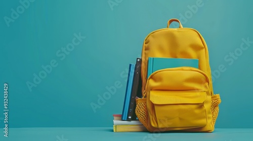 Back to school. Yellow backpack with books and school stuff on blue background