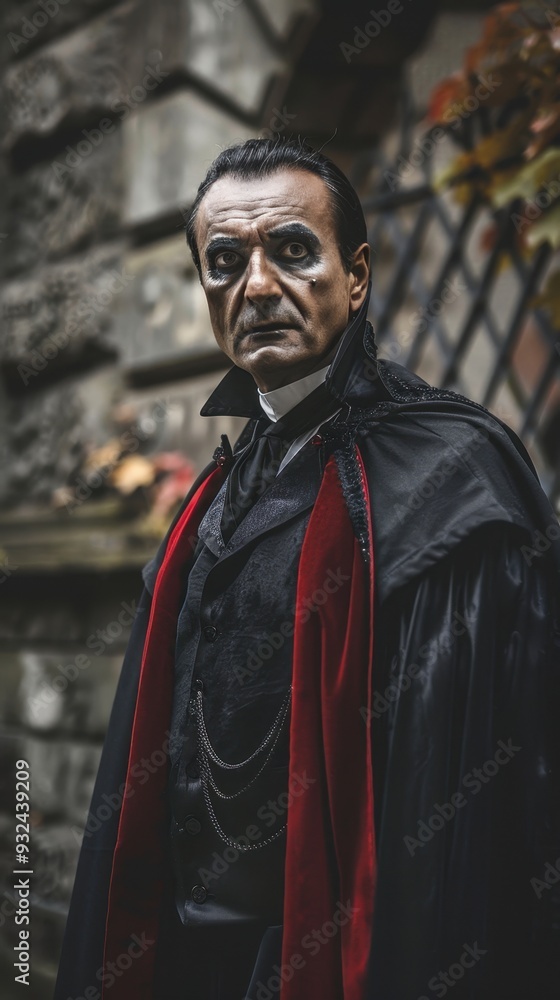 Fototapeta premium The man dressed as Dracula exudes a mysterious aura while posing against a stone backdrop adorned with autumn leaves