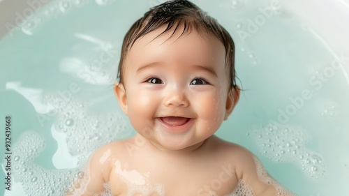 Asia baby take a shower  bath  bathing photo