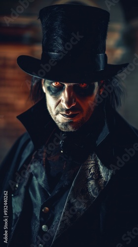 The man embodies Dracula with striking makeup and a top hat, creating an eerie atmosphere perfect for Halloween festivities