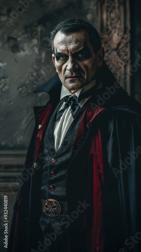 The man in Dracula attire poses confidently, complete with fangs and a cape, embodying the classic vampire character