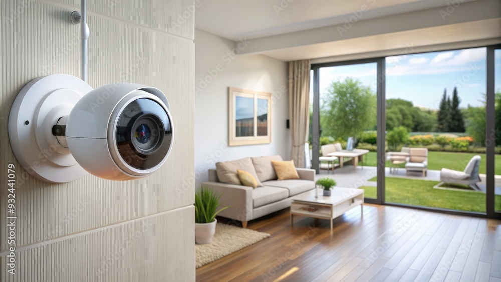 Modern wireless security camera mounted on a white wall, monitoring the ...