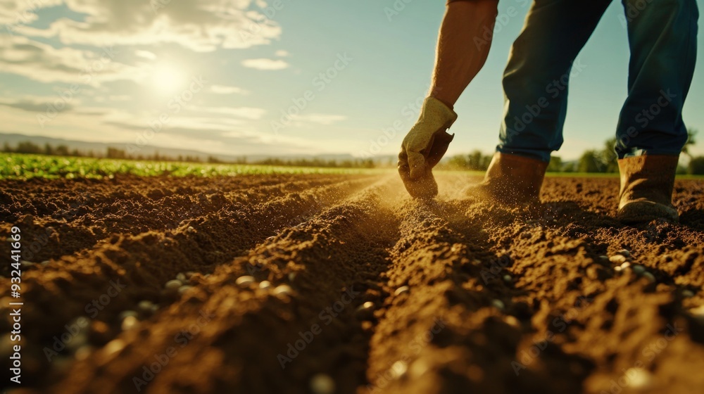 Fototapeta premium Planting Seeds in a Field at Sunset