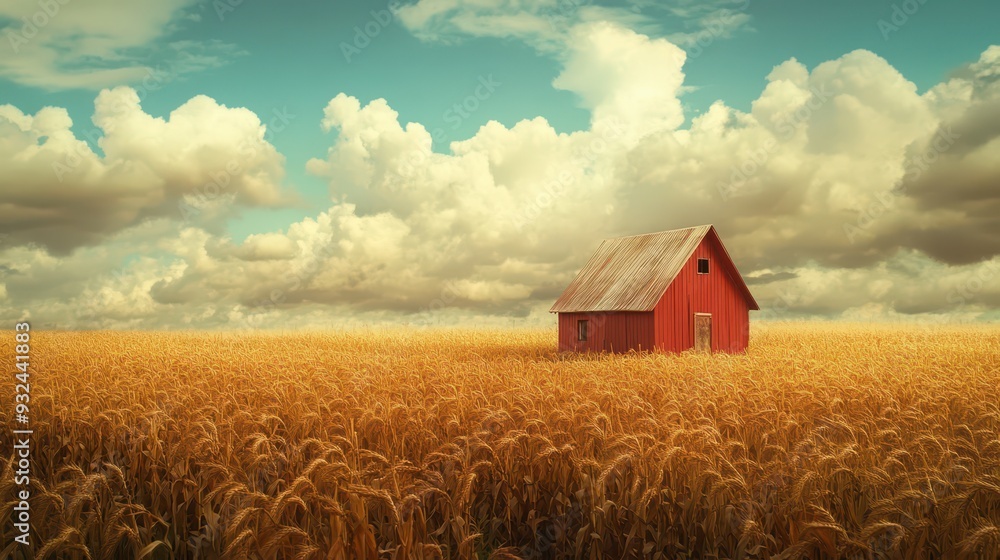 Red barn surrounded by golden wheat fields under a blue sky Red barn surrounded by golden wheat fields under a blue sky