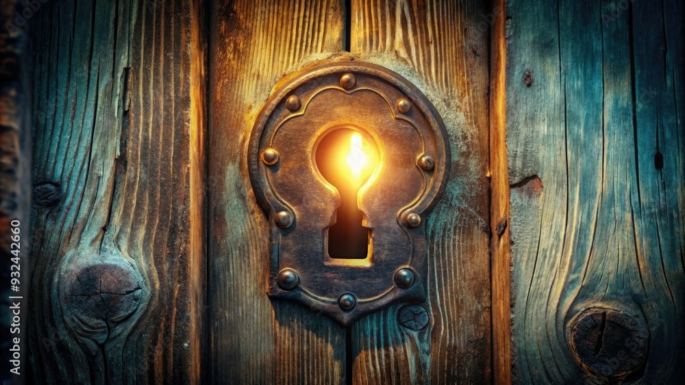 custom made wallpaper toronto digitalMysterious old keyhole in a worn, ancient door with a subtle glow emanating from within, symbolizing hidden knowledge and unlocked secrets waiting to be discovered.