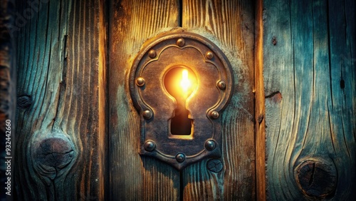 Wallpaper Mural Mysterious old keyhole in a worn, ancient door with a subtle glow emanating from within, symbolizing hidden knowledge and unlocked secrets waiting to be discovered. Torontodigital.ca