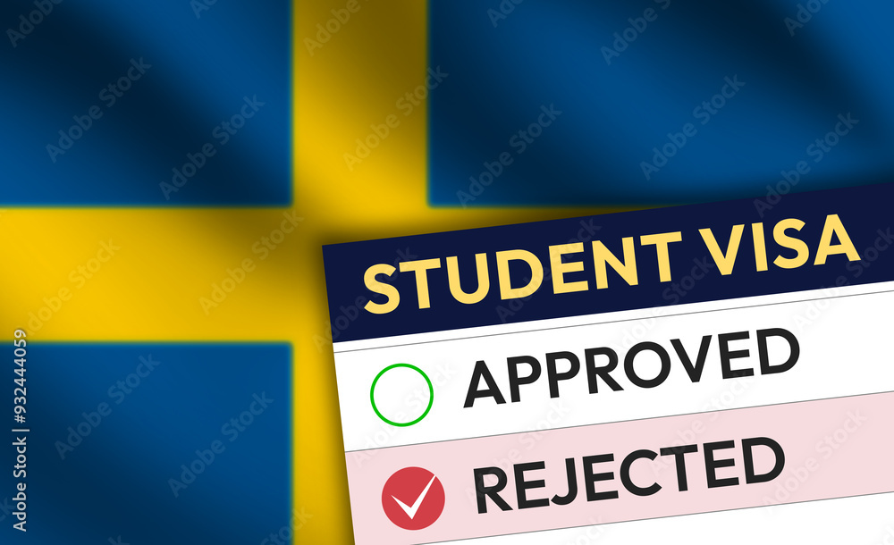 Fototapeta premium Study visa of Sweden rejected concept with paper and waving flag in the backdrop