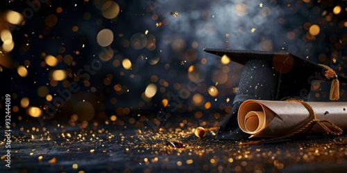 Graduation Cap and Diploma Amidst Sparkling Celebration Lights photo