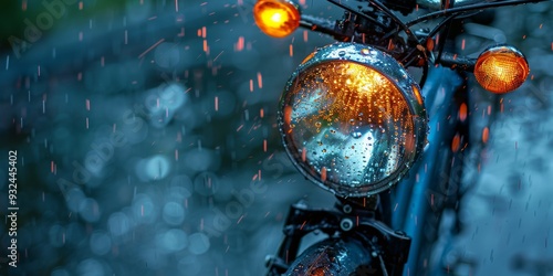 Vintage Motorcycle Headlight in the Rain, Illuminated by Warm Golden Light, Night Scene