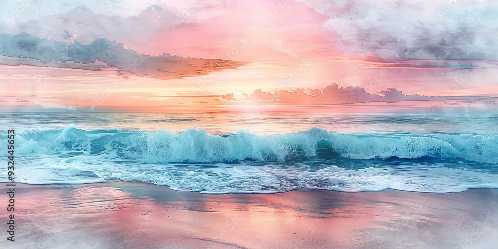 Vibrant Pastel Sunset Over Tranquil Ocean Waves in Dreamy Seascape Vibrant Pastel Sunset Over Tranquil Ocean Waves in Dreamy Seascape