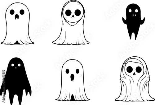 Halloween, set collection de gentils et mignons fantômes amusants, line art et silhouette, au trait noir isolé du fond blanc.