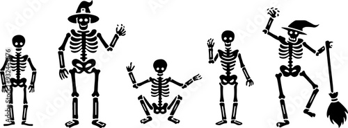 Set de squelette amusant pour halloween, silhouette noir sur fon blanc isolé 